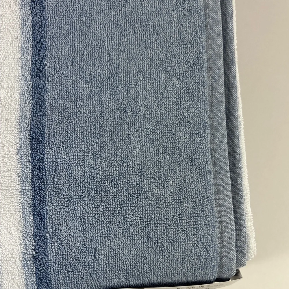 DKNY Bath Towels Eco Hue Blue and White Striped Plush Cotton Set of 2 NEW